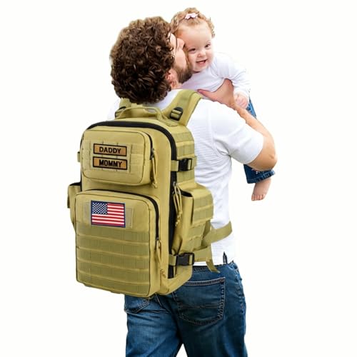 SHARKMOUTH Military Diaper Bag for Dad - Insulated Baby Diaper Backpack with Patches for Hiking Travel Camping - Baby Shower Gifts Tan - color: Tan