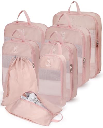 6/8 Sets Compression Packing Cubes for Travel, Bunnychill Portable Zipper Packing Cube for Cloting, Expandable Space Saver Storage Luggage Organizer Bags for Suitcases - color: Pink, size: 6 Pcs(XL,L,M*2,S,laundry bag)