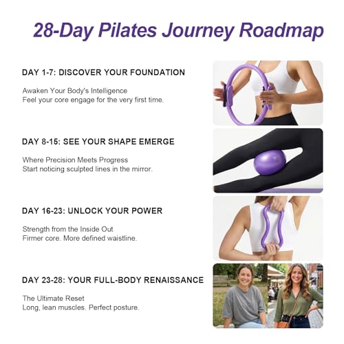 Home Pilates Ring and Ball Set for Women with 5 Resistance Bands 13 inch Magic Circle Workout Starter Kit for Beginners Full Body Toning 15 Min Daily Routine - color: All Purple