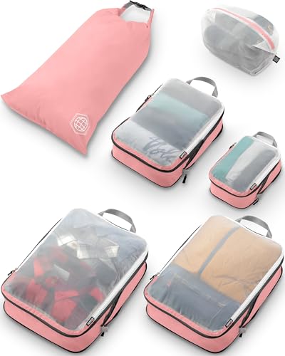 Large Packing Cube Set with See Through Mesh- Compression Packing Cubes Travel Organizers by TRIPPED Travel Gear (Dusty Rose) - color: Dusty Rose