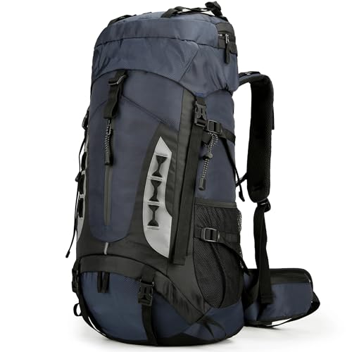 75L Hiking Backpack with Rain Cover Waterproof Camping Backpack Shoes Warehouse for Men Women, Frameless - color: Navy, size: 60L