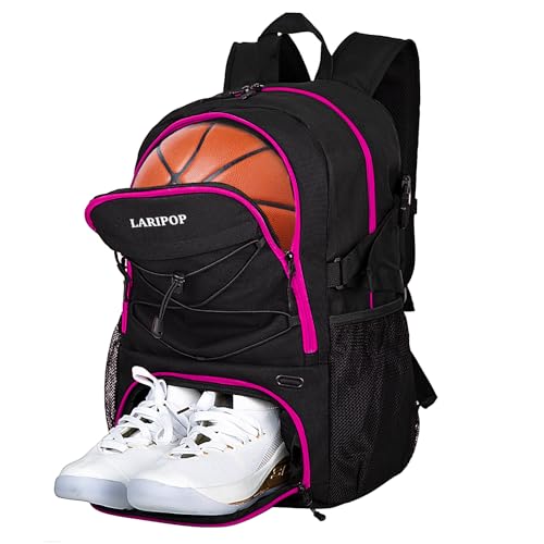 LARIPOP Basketball Backpack with Ball Compartment - Ventilated Shoe Pocket Fits US Size 15, Water Resistant 30L Sports Bag for Men Women Teen Athletes Practice Travel - color: Rose Red