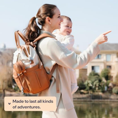 BabbleRoo Leather Diaper Bag Backpack, Multifunction Large Bags with Changing Pad & Stroller Straps & Pacifier Case, Unisex Stylish Travel Back Pack Nappy Changing Bag for Moms Dads (Caramel Cream) - color: Vegan Leather, Caramel Cream