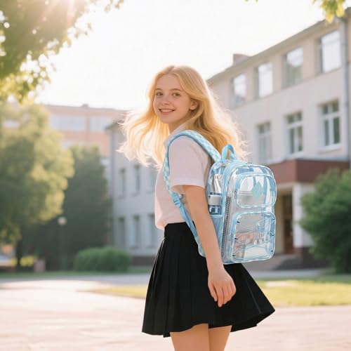 Clear Backpacks for Girls Women, Heavy Duty PVC Transparent Back Pack See Through Boys Kids Clear Bookbags for School - Checkered Sky Blue - color: Checkered Sky Blue