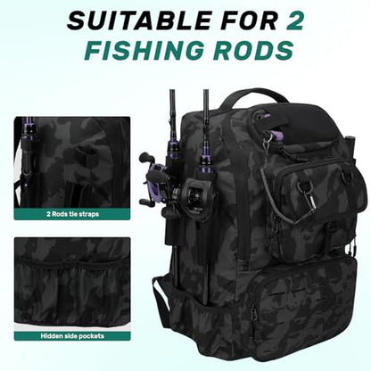Pyrrhus 40L Fishing Backpack with Rod Holders & Insulated Cooler Compartment, Camping Cooler Tackle Storage for Anglers - color: Black