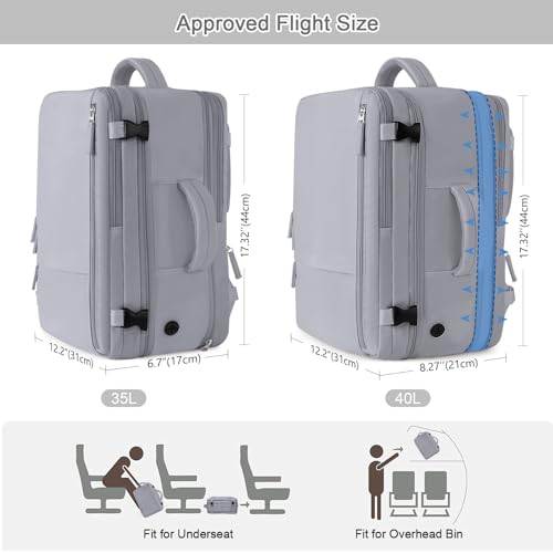 Sinaliy Travel Backpack for Women & Men, 40L Carry-On, 17-Inch Laptop, Waterproof, College Bookbag, Flight Approved - color: Grey