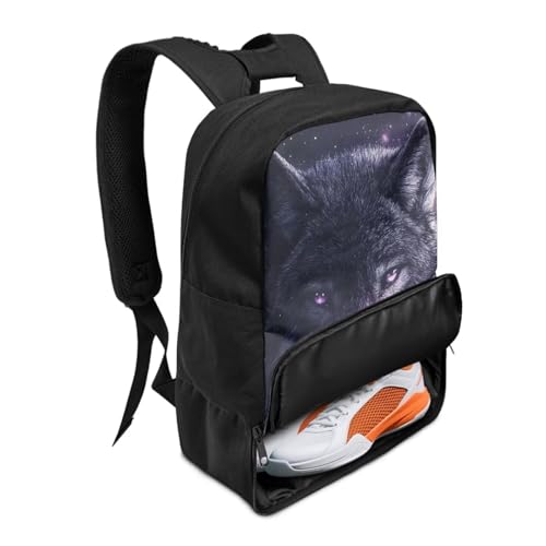 18.5in Basketball Backpack Basketball Bag with Shoe Compartment & Ball Holder, Waterproof Bag for Soccer Volleyball - color: Cool Dark Night Wolf Print