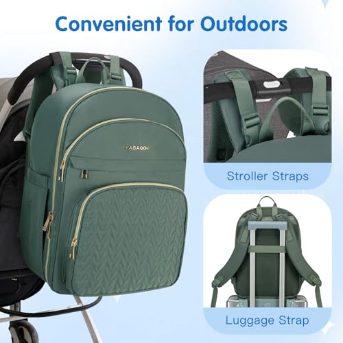 KABAQOO Baby Diaper Bag Backpack, Waterproof Diaper Backpack for Mom & Dad with Changing Pad, Insulated Pockets and Stroller Straps, Baby Shower Gifts for Girls & Boys, Sage - color: Sage