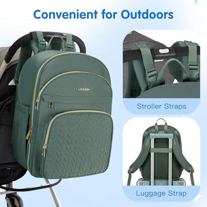 KABAQOO Baby Diaper Bag Backpack, Waterproof Diaper Backpack for Mom & Dad with Changing Pad, Insulated Pockets and Stroller Straps, Baby Shower Gifts for Girls & Boys, Sage - color: Sage