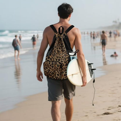 Bolaz Beach Drawstring Backpack Mesh Swim Bag for Women Men Cheetah Leopard Print Animal Swimming Gym with Wet Pocket Packable Sports - color: Cheetah Leopard Print Animal