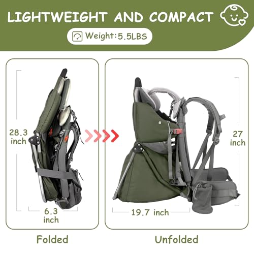 WIPHA Baby Backpack Carrier, Comfort Toddler Carrier Hiking Backpack with Canopy, Adjustable Lightweight Child Carrier - color: creeper III green