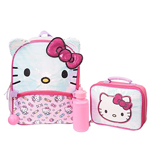 AI ACCESSORY INNOVATIONS Hello Kitty Girls 4 Piece Backpack Set, Iridescent Flip Sequin 16" School Bag with 3D Features, Front Zip Pocket, Pink & White - color: Pink Hk