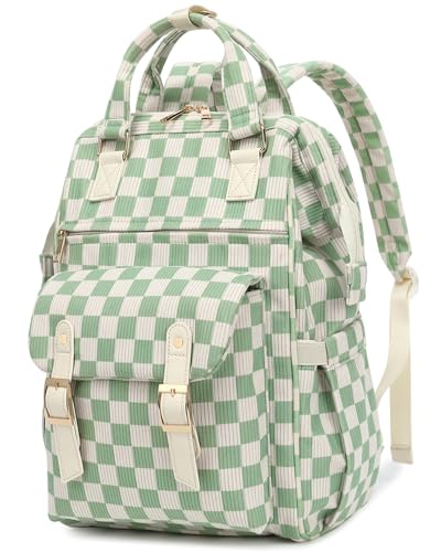 Laptop Backpacks for Women, Corduroy High School College Bookbag 15.6 Inch Laptop Bags for Girls Travel Daypack - Checkered Green - color: Checkered Green