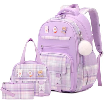 3PCS School Backpack for Girls, Girls Backpack with Lunch Box, Pencil Case, Cute Kawaii Plaid Book Bag for Teen Girl Kindergarten Elementary Preschool Middle High School, Purple - color: Purple