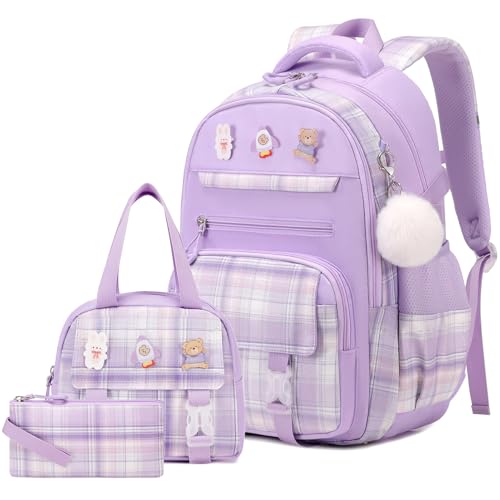 3PCS School Backpack for Girls, Girls Backpack with Lunch Box, Pencil Case, Cute Kawaii Plaid Book Bag for Teen Girl Kindergarten Elementary Preschool Middle High School, Purple - color: Purple