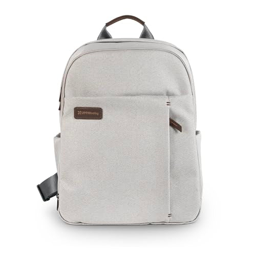 UPPAbaby Changing Backpack - Multiple Storage Compartments - Side Bottle + Laptop Pockets - Trolley Sleeve - Stroller Strap Attachment - Savannah - Pearl Gray Jacquard | Chestnut Leather - color: Savannah (Pearl Gray Jacquard/Chestnut Leather), style: Cha