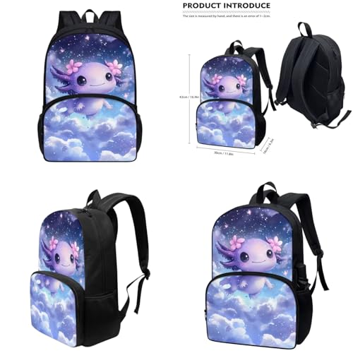 Galaxy Axolotl Backpack for Girls Kids Backpack with Lunch Box Water Bottle Holder and Big Pencil Case 4Pcs Set 17" Bookbag with Large Front Pocket for School Lightweight Elementary School Bag - color: Galaxy Axolotl