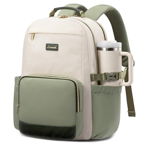 LOVEVOOK Laptop Backpack for Women with Pouch Pocket for Large Capacity Cup,15.6 Inch Laptop Computer Bag Travel Backpack Purse,Waterproof Work College Teacher Bags,White-Bean Green-Dark Olive Green - color: White - Bean Green - Dark Olive Green, size: 15