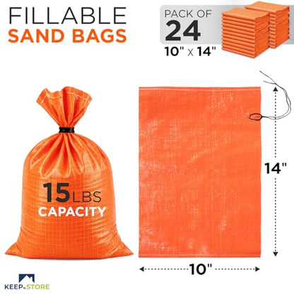 Heavy Duty Sand Bags Pack of 24, Bright Orange Empty Sandbags with Built-In Ties, Woven Polypropylene UV Protection 1600 Hours, Fillable Bags for Flood Control, Weight, 10x14 inches, 15 Pounds Volume - size: 10"W x 14"L, style: Pack of 24