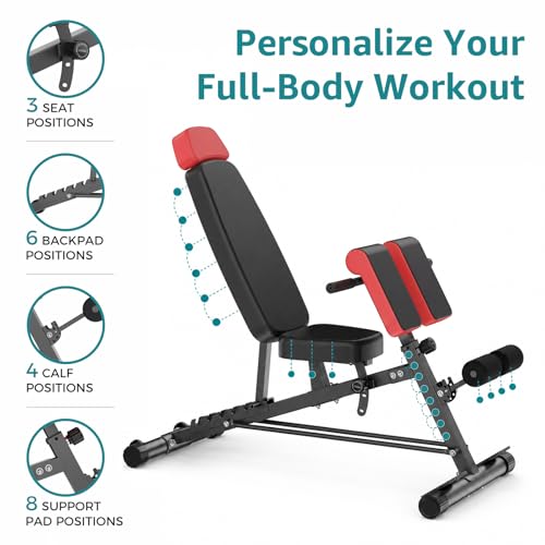 OLIXIS Adjustable Weight Bench, 660 LBS Foldable Workout Bench Press | Heavy Duty Chest Press Machine with Hyper Back Extension & 2 Wheels, for Flat Incline Decline Sit Up for Home Gym - color: Black & Red