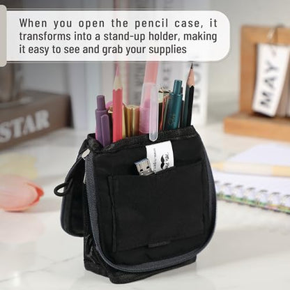 Mr. Pen- Standing Pencil Case Pouch, Sit & Lay Mesh-View Design, Black with Gray Zipper, Interior Pocket & 2 Elastic Binder Loops, Cute Pencil Case for Girls and Boys - color: Black with Gray Zipper