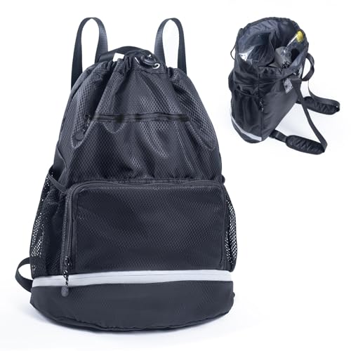 Swim Beach Sports Drawstring Backpack - Gym Bag with Shoes Compartment and Waterproof Pocket for Gym Accessories, Swim Essentials - Kids Mens Beach Workout Bag - color: Large Black, style: Style B