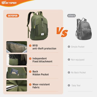SKYSPER Small Hiking Backpack for Men Women 20L RFID Packable Daypack Ultralight Foldable Back Pack Lightweight Collapsible Travel Day Pack - color: Armygreen