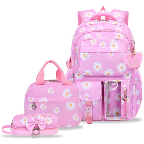Girls Backpack Set with Lunch Box & Pencil Case, Floral Print Girls School Backpack for Elementary/Middle/High School (Pink-Daisy) - color: Pink-daisy