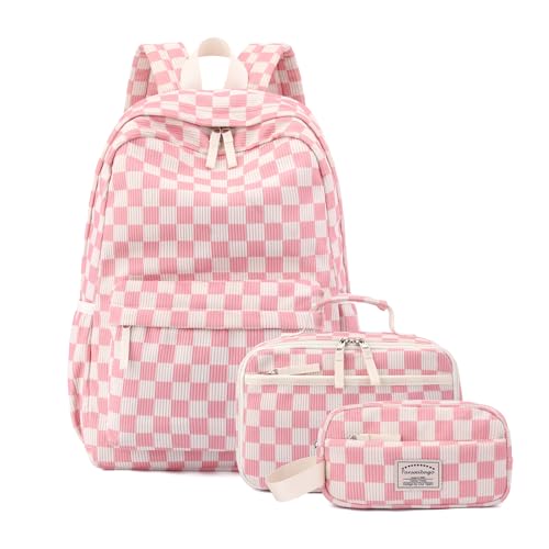 Tanweibago Backpack for Girls Boy Teen Corduroy Bookbags Elementary Middle High School with Lunch Box Pencil Bag (Chessboard Pink) - color: Chessboard Pink