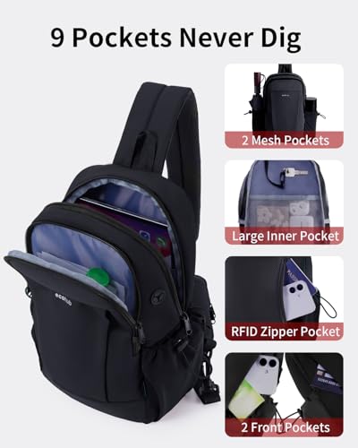 ECOHUB Anti-Theft Crossbody Bag Men Women, RFID Blocking Lightweight Sling Backpack Eco-Friendly with 9 Pockets Sturdy SBS Zippers Water Resistant for Travel Work Hiking Outdoor, Black - color: Black