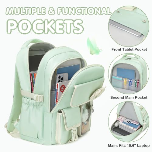 GeeWin Girls Backpack for School with Lunch Box & Pencil Case Set, 17 Inch Waterproof Cute Bow Girls Bookbag for Kids, Teens, Elementary Middle High College School Student (Green/Beige) - color: Green Beige