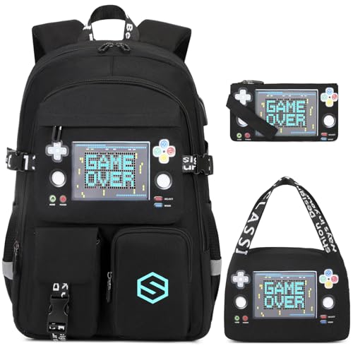 Scothen Boys Backpack, Cool Luminous School Backpacks for Boys with Lunch Bag Pencil Case, Kids Backpack Kindergarten Elementary Middle School Book Bags for Teen Boy Children with USB Charging Port - color: Black