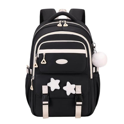 Black Backpack for Girls, Teen Girls Backpack for Elementary Middle School Kids, with Star Pins and Furry Pendant, A08-Black - color: A08-black