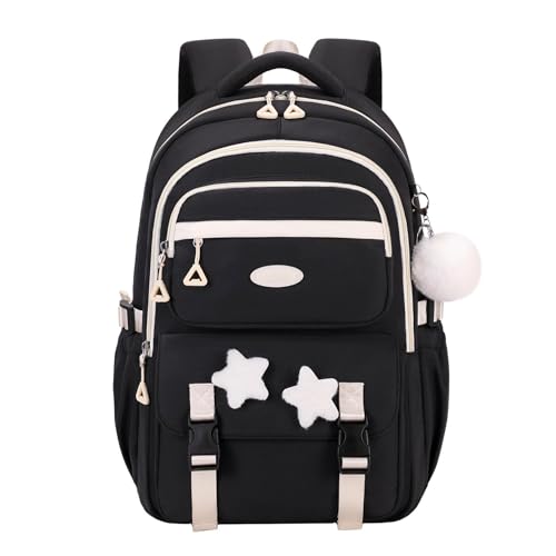 Black Backpack for Girls, Teen Girls Backpack for Elementary Middle School Kids, with Star Pins and Furry Pendant, A08-Black - color: A08-black