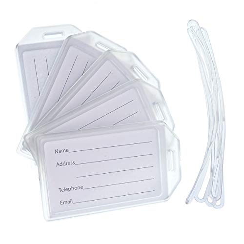 5 Pack - Premium Rigid Airline Luggage Tag Holders with 6" Worm Loops - Heavy Duty Hard Plastic -Suitcase ID Tag Identifiers with Business Card Insert Window by Specialist ID (Translucent/Clear) - color: Clear, size: 5 Pack