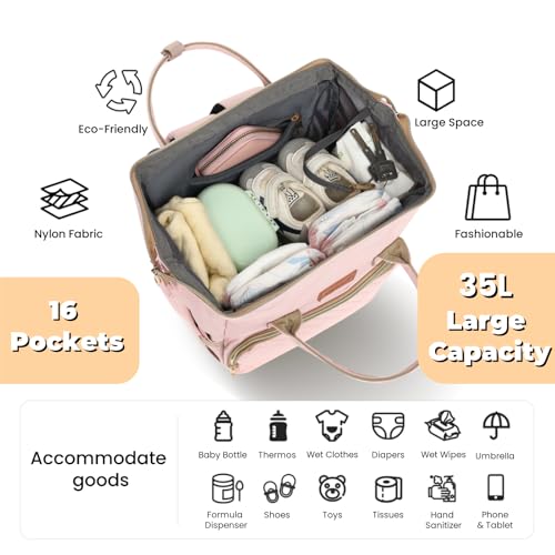 ROSEGIN Pink Diaper Bag Backpack for Baby Girls - Baby Shower Gifts for Mom, Quilted Diaper Bag with Changing Pad, Pacifier Case, Insulated Pockets, Stroller Straps, 35L Large Capacity - Cute - color: Pink