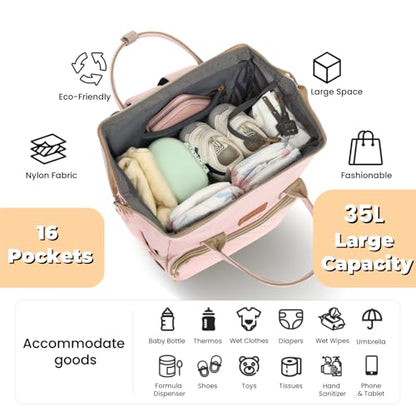 ROSEGIN Pink Diaper Bag Backpack for Baby Girls - Baby Shower Gifts for Mom, Quilted Diaper Bag with Changing Pad, Pacifier Case, Insulated Pockets, Stroller Straps, 35L Large Capacity - Cute - color: Pink