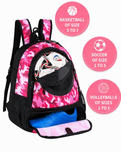 Basketball Bag Backpack for Men Women with Ball & Shoes Compartment 30L Capacity Lightweight Breathable Boys Girls Soccer Ball Bag Backpack Fit Volleyball Football Sports Travel School Gym - color: TK8PinkCamo