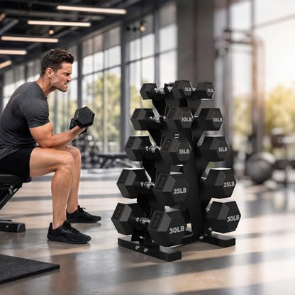 HANDBODE Rubber Coated Hex Dumbbell Set with A-Frame Rack, 100 lb - 600 lb Multiple Options Weight, Hexagon Non-Rolling Shape, Ergonomic Knurled Handle, Home Gym Equipment for Strength Training - style: 170 lb (5, 10, 15, 25, 30 lb) X 2 & Rack