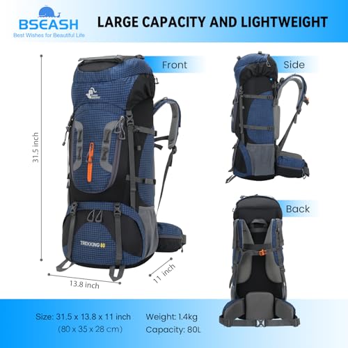 Bseash 80L Waterproof Hiking Camping Backpack with Rain Cover, Lightweight Outdoor Sport Travel Daypack for Climbing Touring (Navy Blue) - color: Navy Blue