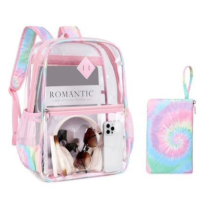MUSEVOS Clear Backpack for School, Heavy Duty PVC Transparent Bookbag for Girls Stadium Approved See Through Backpack, Pink Tie-Dye - color: Pink Tie-dye
