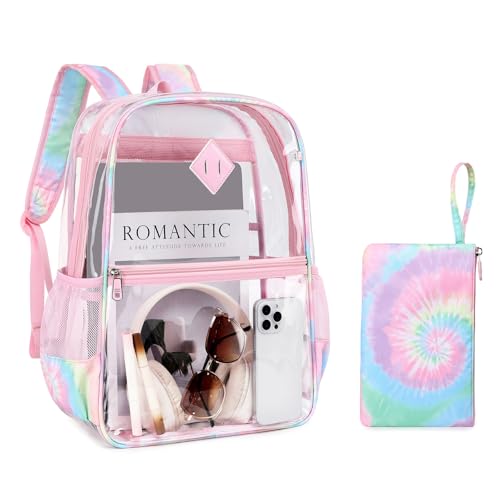 MUSEVOS Clear Backpack for School, Heavy Duty PVC Transparent Bookbag for Girls Stadium Approved See Through Backpack, Pink Tie-Dye - color: Pink Tie-dye