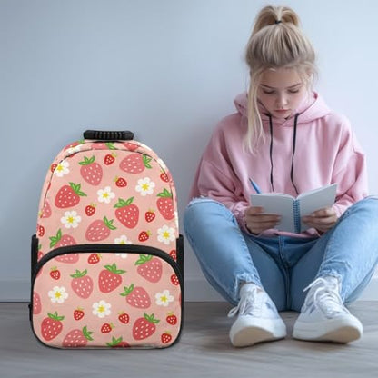 Pink Strawberry Floral Print Trendy All-Over Print Laptop Backpack for Girls & Boys - Durable Polyester School Bagpack with Two Mesh Side Pockets, Padded Shoulder Straps (17.3x12.2x5.9in) - color: Pink Strawberry Floral Print