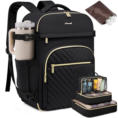 LOVEVOOK Large Travel Backpack for Women, 50L Carry on Backpack for Airplanes, TSA Personal Item Travel Bag for Women fits 18" Laptop, Waterproof Carry on Bags with 4 Packing Cubes - color: Black V-line, size: 50L-5Pcs