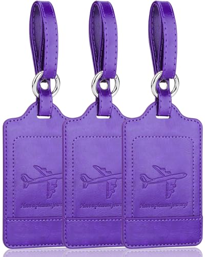 Teskyer Luggage Tags, 3 Pack Premium PU Leather Luggage Tags Privacy Protection Travel Bag Labels Suitcase Tags - color: Purple