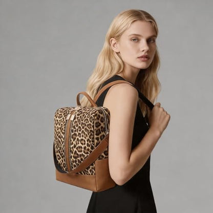 Women's Backpack with Wristlet Set, Large Capacity Tote Backpack for Women, Fashion Travel Backpack & Stylish Mommy Bag (Brown Leopard) - color: Brown Leopard