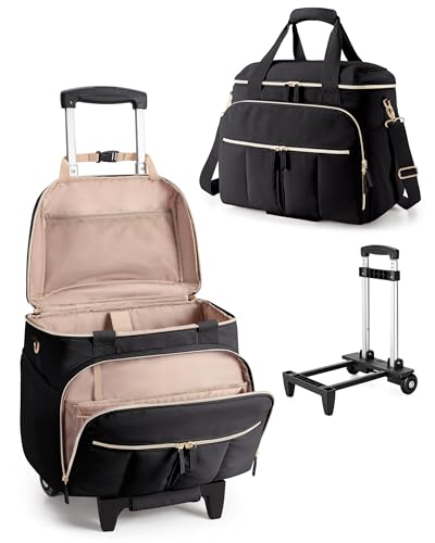 Marscamd Rolling Teacher Bag with Accordion File Organizer & 15.6" Laptop Compartment, Wheeled Work Briefcase Tote with Detachable Trolley & Crossbody Strap for Women, Black - color: Black