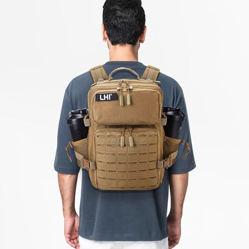 LHI Tactical Military Backpack for Men 25L/45L Large Molle Army Assault Pack 3 Day Hiking Rucksack With Bottle Holder - color: Khaki With Bottle Holder, size: 25L