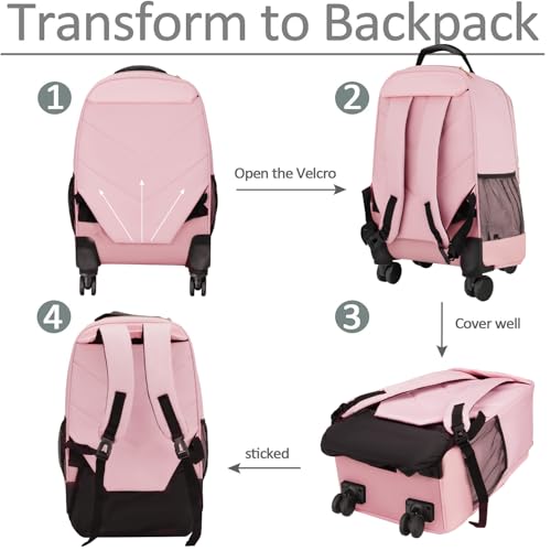 MATEIN Pink Rolling Backpack, 18 inch Womens Roller Laptop Bag with 4 Spinner Wheels, Water Resistant Wheeled Backpack Carry on Luggage, Extra Large Travel Rolling Suitcase Bag - color: Pink, size: 18 inch