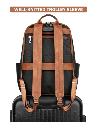 MASINTOR 15.6 inch Leather Laptop Backpack Purse for Women, Designer Travel and Work Bag with Laptop Compartment Black Brown - color: Black Brown